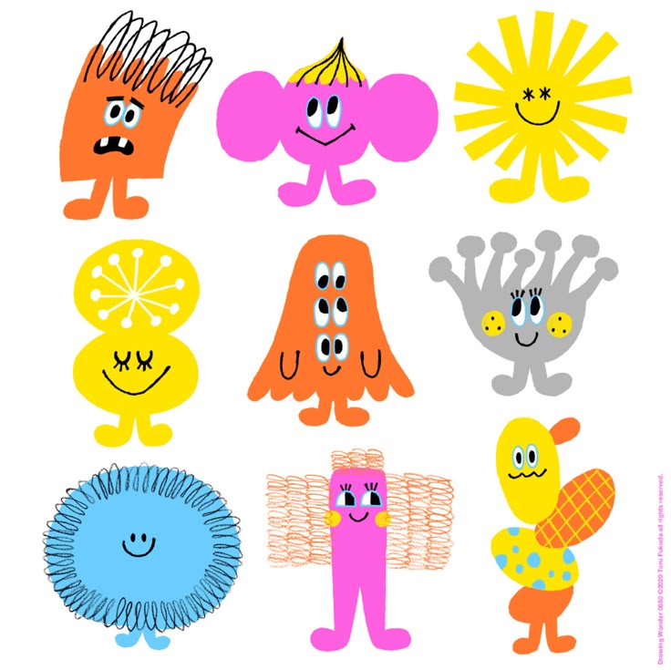 Grid of nine bright cartoon mascot characters with simple smiling faces