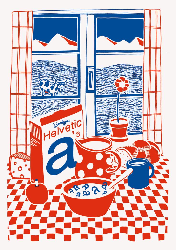 Red and blue illustration of a breakfast table with a Helvetica-branded cereal box beside a window