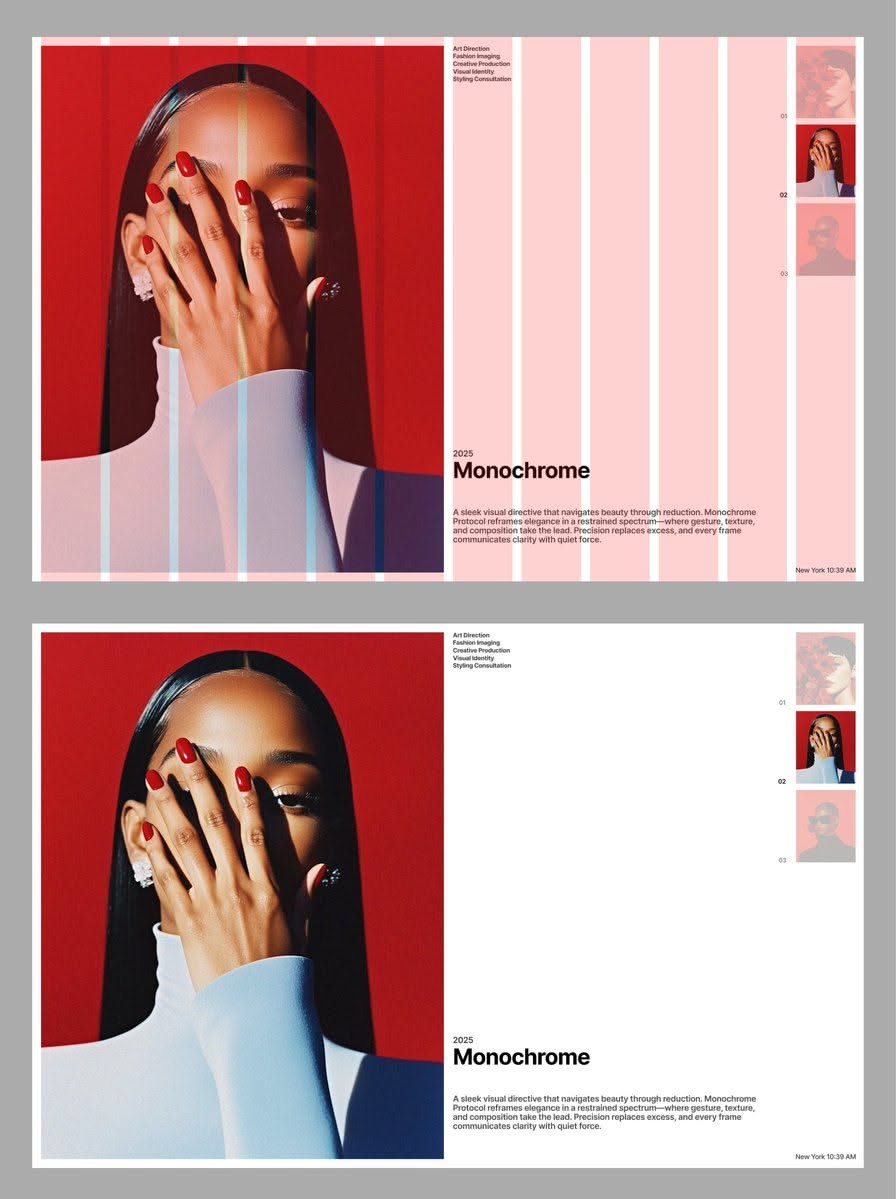 Editorial layout mockups titled Monochrome — pale pink grid pages with a red-toned portrait