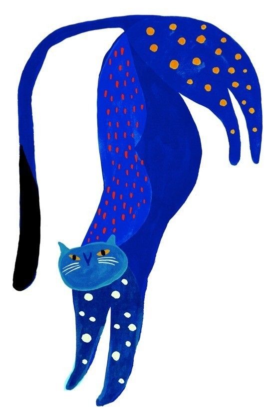 Illustration of a stretching cobalt blue cat covered in orange dots