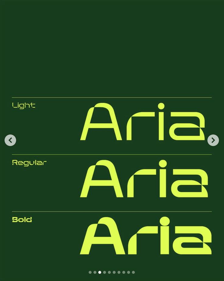 Dark green type specimen showing the Aria typeface in light, regular and bold weights