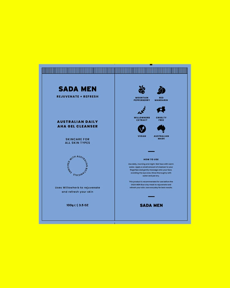 Warm, huggable and built to make you look good and feel good. For Sada Men we created a brand identity that feels as good as the product itself. A men's skincare brand made from all natural Australian ingredients, crafted specifically for men. The br