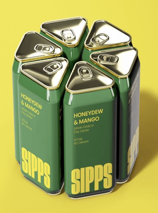 Four-pack of green Sipps honeydew and mango cans with silver tops on a yellow ground