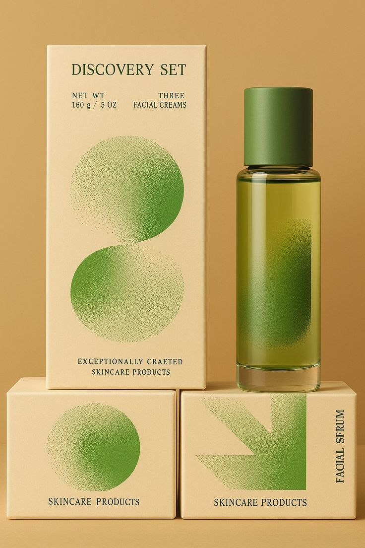 Sage and beige skincare discovery set with a green glass serum bottle and printed cartons