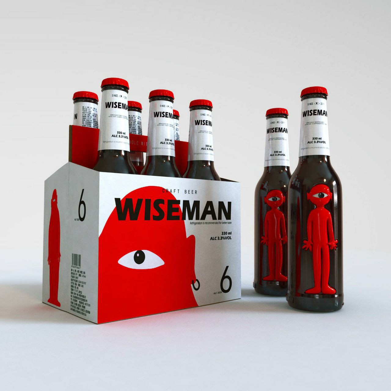 Wiseman beer six-pack in a red carrier with an eye motif, beside bottles with red figure labels