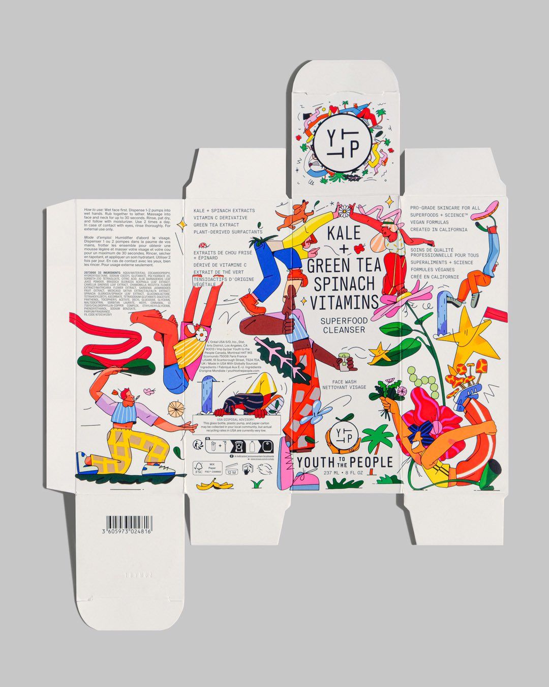 Flat carton dieline for a kale and green tea vitamin drink covered in colourful character illustration
