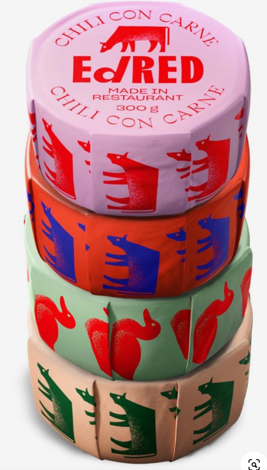 Stacked chilli con carne tins in pink, blue and sage with bull and chilli illustrations