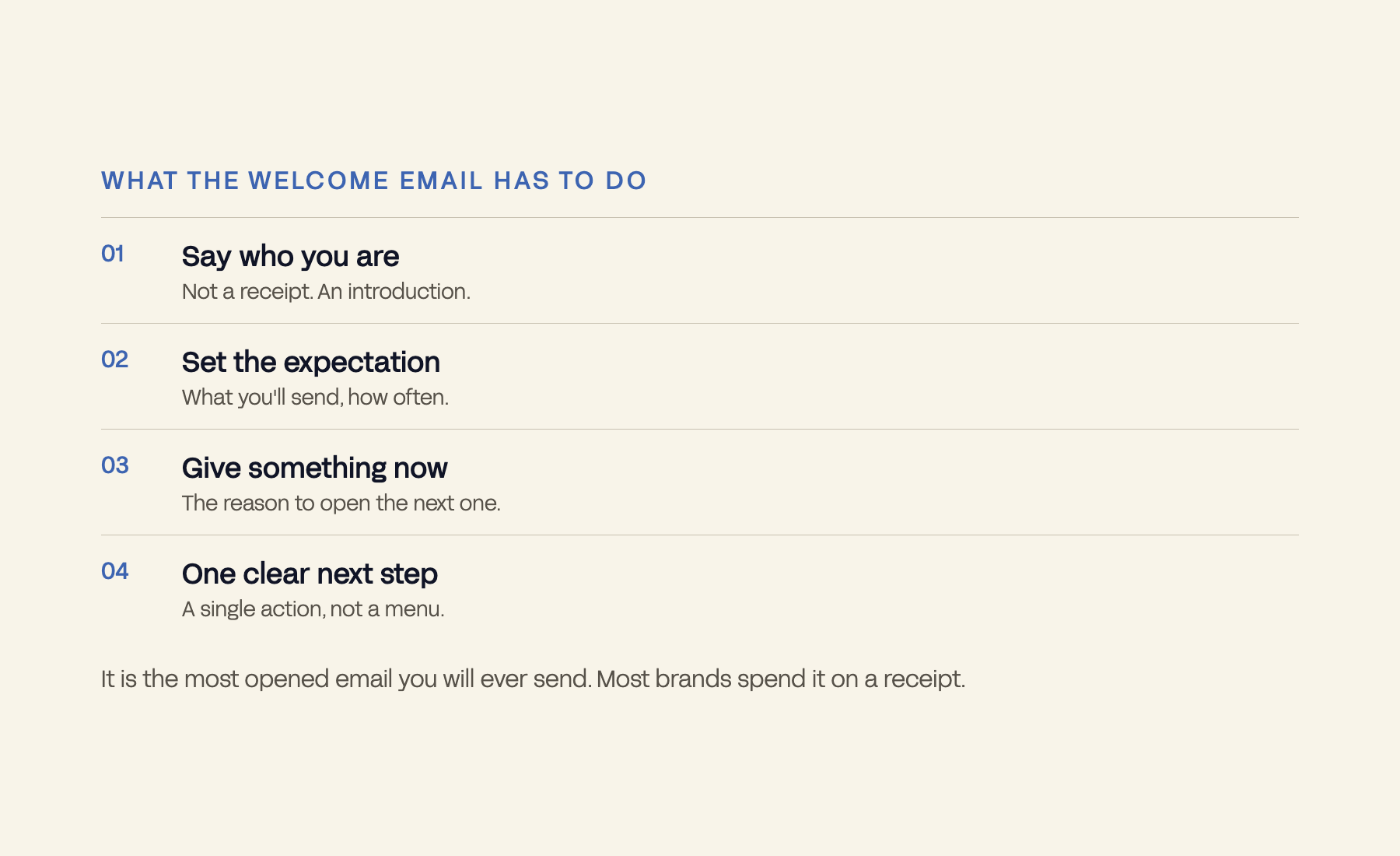 Four numbered jobs a welcome email has to do