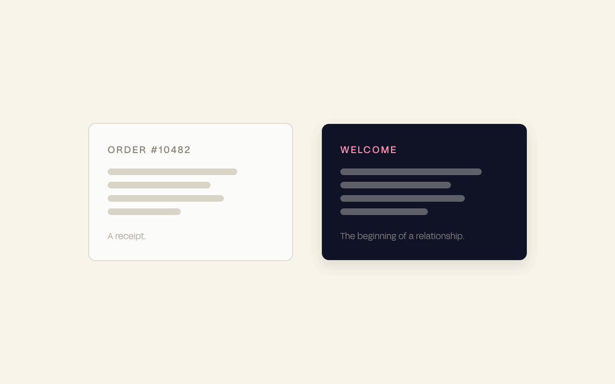 A plain receipt beside a welcome email that opens a relationship