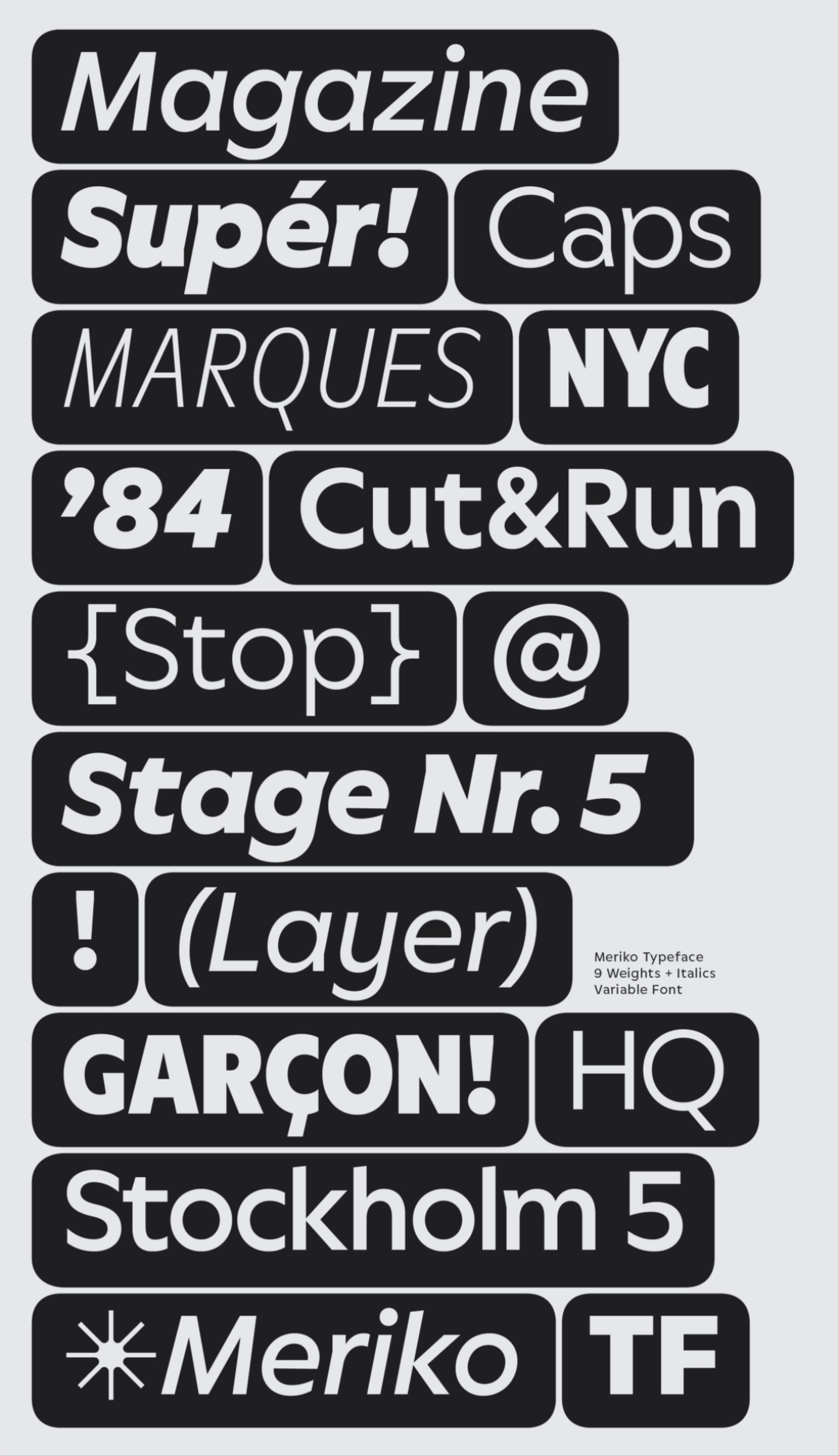 Meriko is a sophisticated geometric sans made for branding and interface design. The typeface positions itself as a unique alternative for modern branding projects spanning technology, culture, and commerce—from digital to print and spatial applications. Whether for a fresh tech start-up or an estab