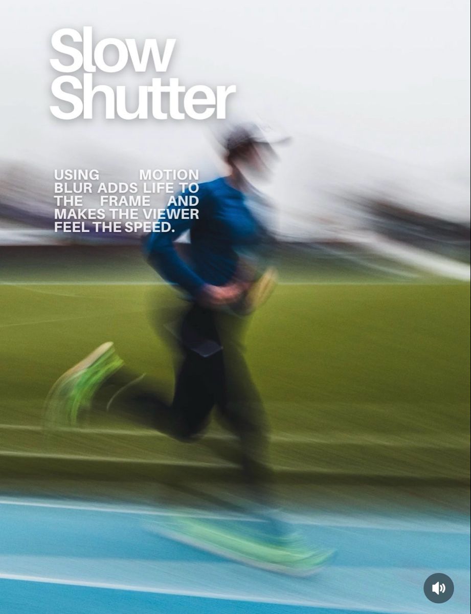 Slow Shutter editorial page — a runner captured with motion blur on a blue track, headline set in bold condensed type
