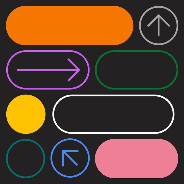 Button and arrow component studies on charcoal — orange, pink and yellow pills alongside outlined circular arrow icons