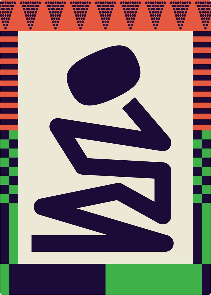 Poster of an abstract seated figure drawn in heavy navy strokes on cream, framed by orange, green and navy patterned borders
