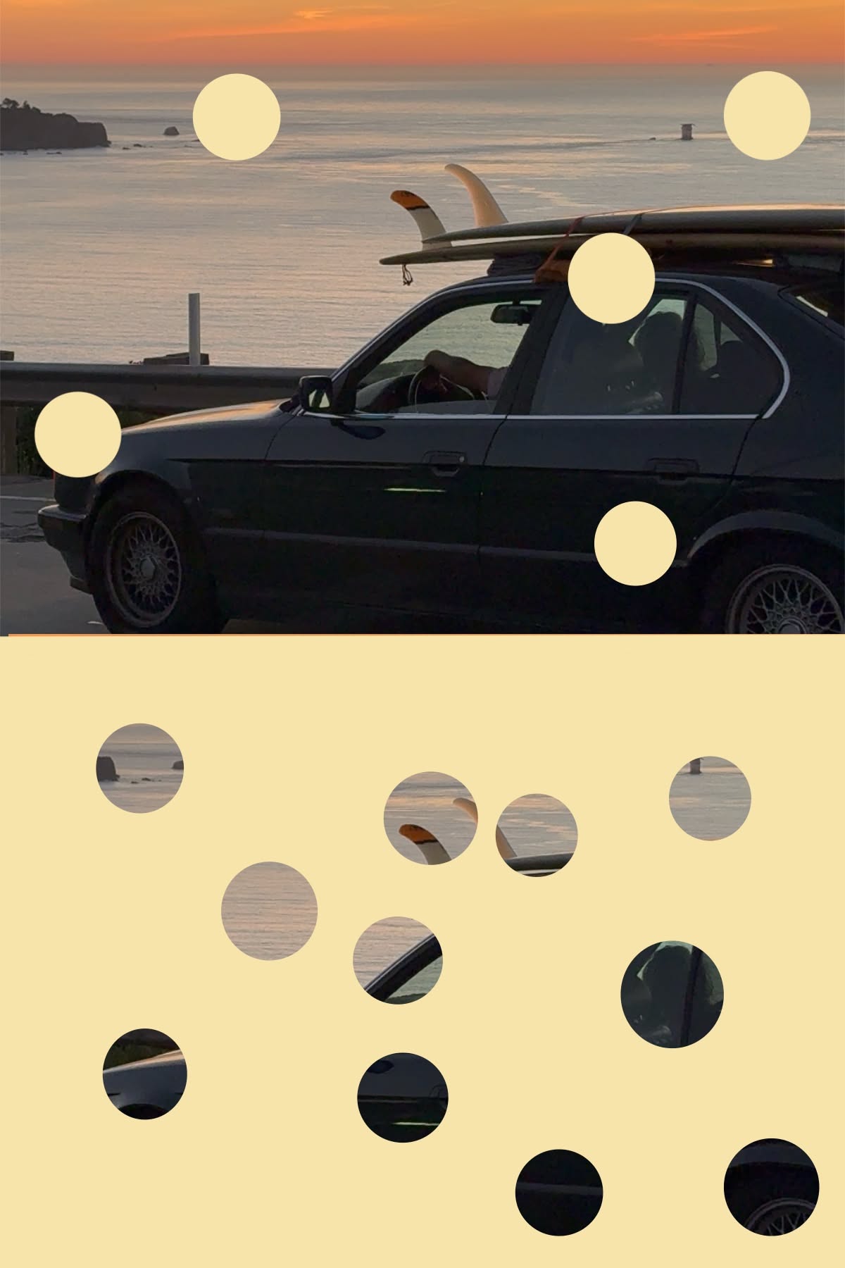 Sunset photograph of a car carrying surfboards, overlaid with cream circles, above a second panel where those circles become windows onto the same image