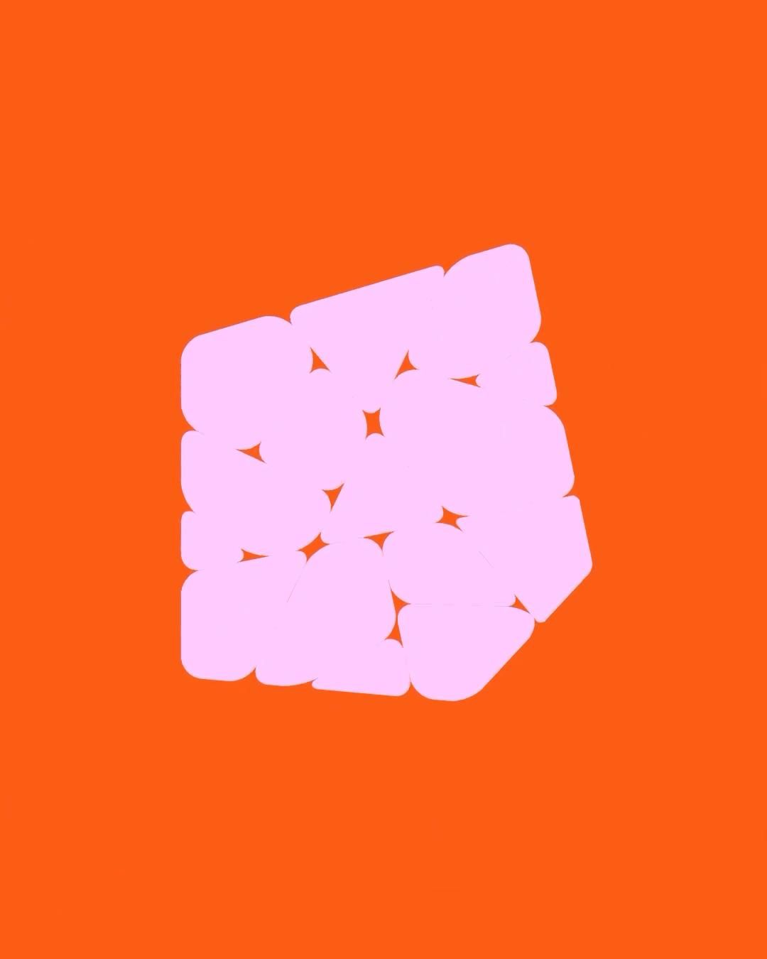 A pale pink cluster of overlapping rounded tiles forming a loose square on a bright orange ground
