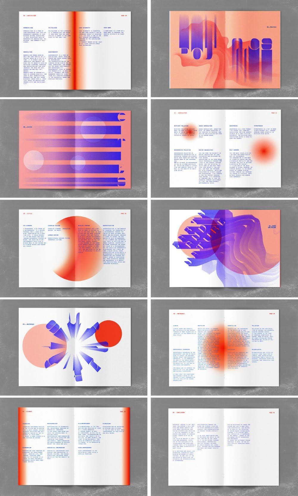 Grid of ten editorial spreads — orange and violet gradient graphics set against dense columns of text