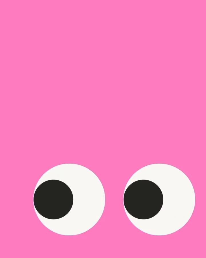 Two large cartoon eyes sitting low on a hot pink field, both looking to the left