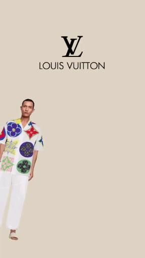Louis Vuitton campaign layout — a model in a floral-printed short-sleeve shirt and white trousers against a beige ground