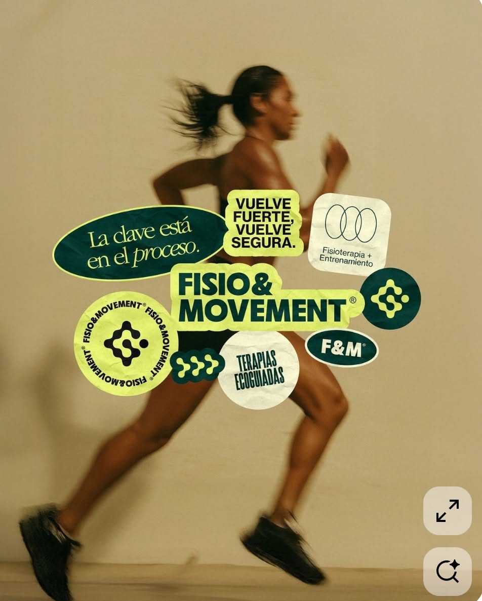 Branding for Fisio & Movement — a runner mid-stride overlaid with green and cream sticker-style logo lozenges