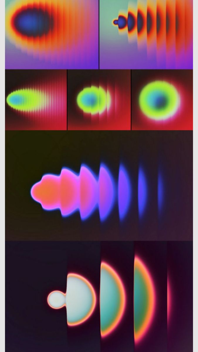 Grid of glowing gradient studies — concentric rainbow blurs and repeating arcs on red, purple and black grounds