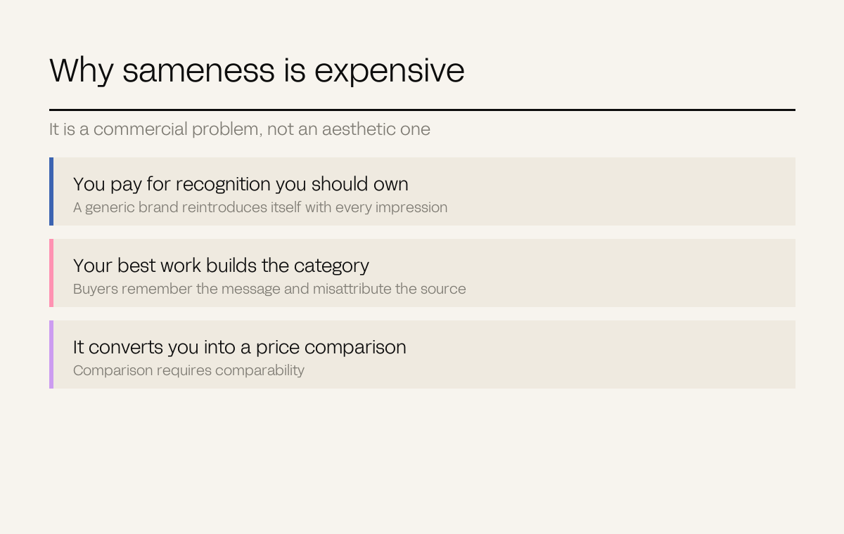 Three rows explaining the commercial cost of looking like your category