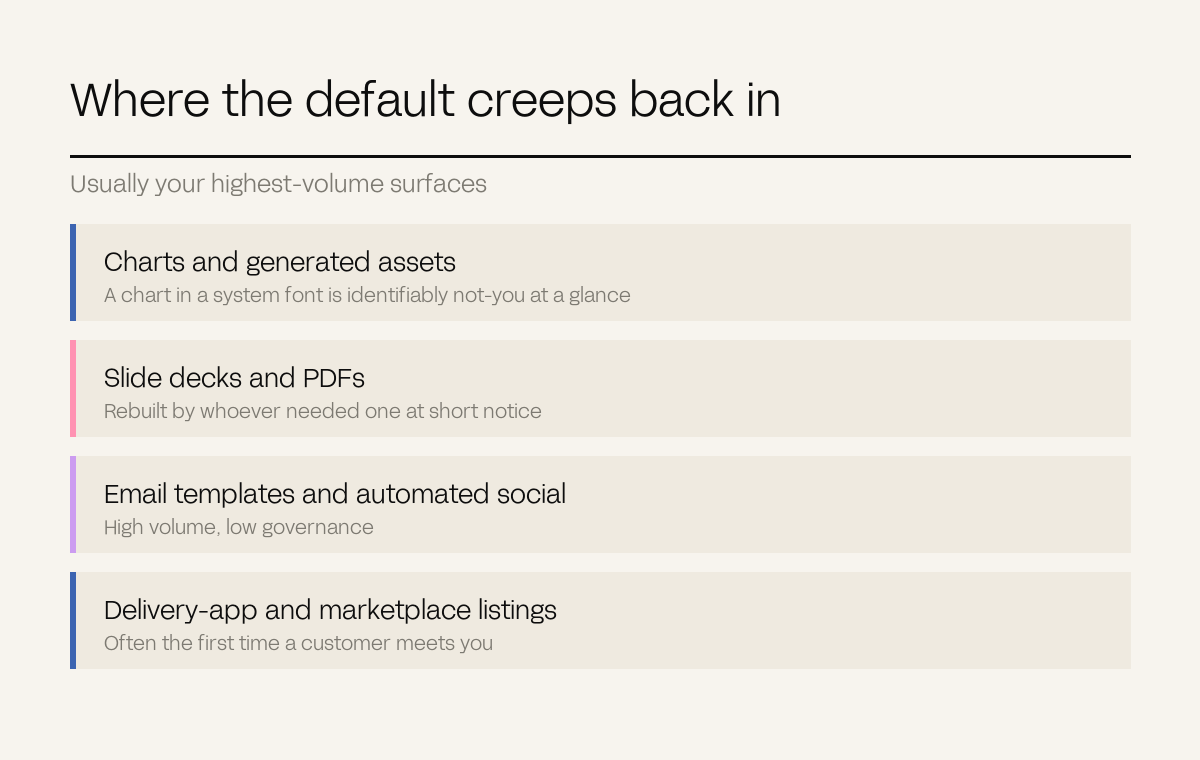 Four rows naming the surfaces where default typefaces creep back in