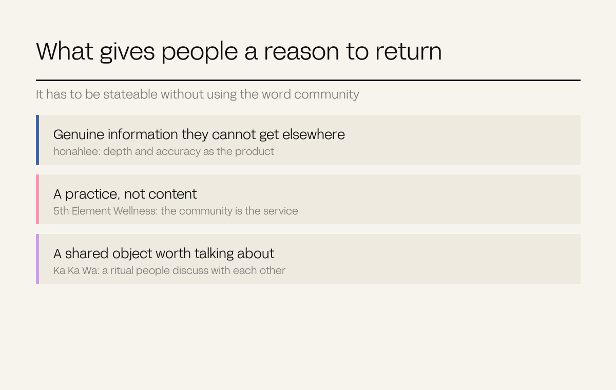 Three rows naming what gives people a reason to return