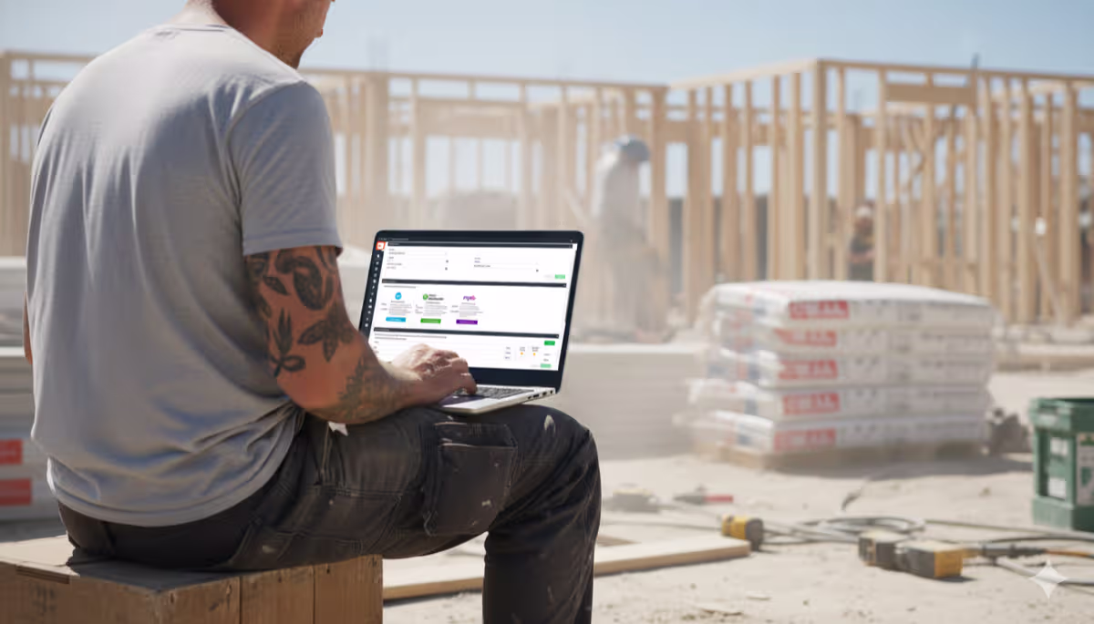 Tradie on site using NextMinute on laptop