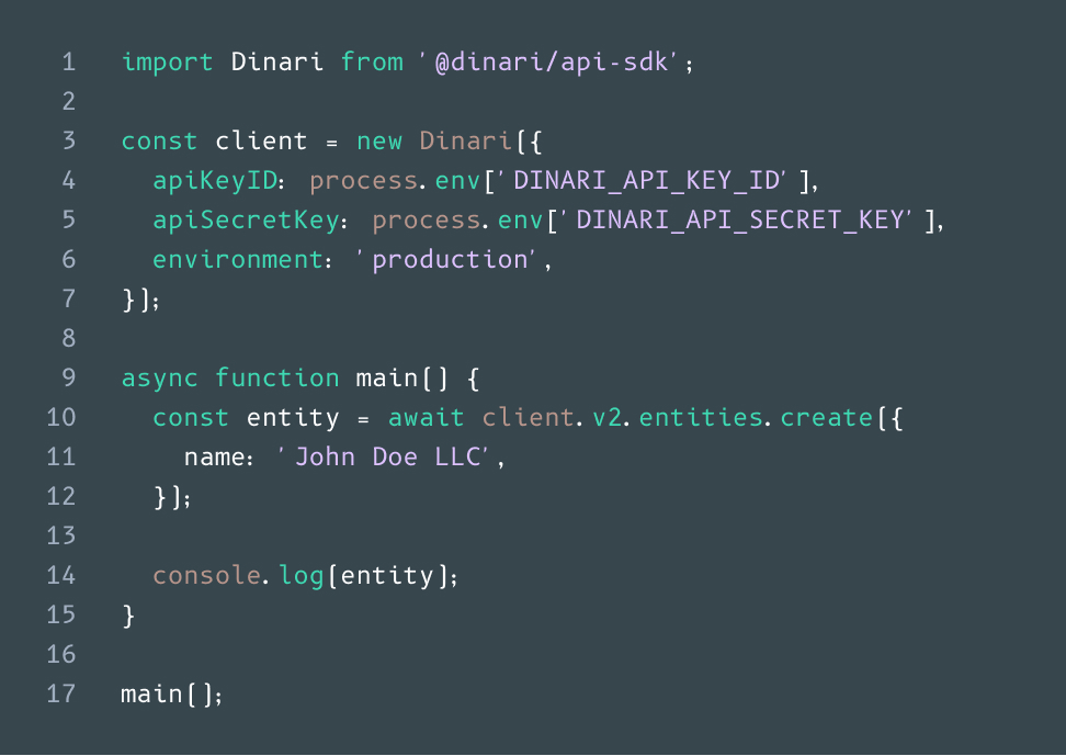 Dinari API code snippet