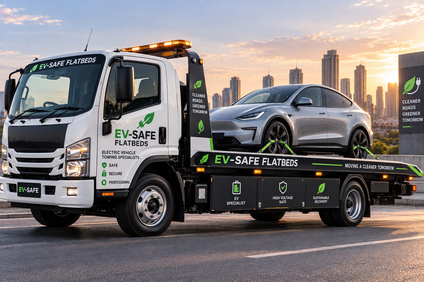WGBW EV-safe flatbed tow truck carrying an electric vehicle