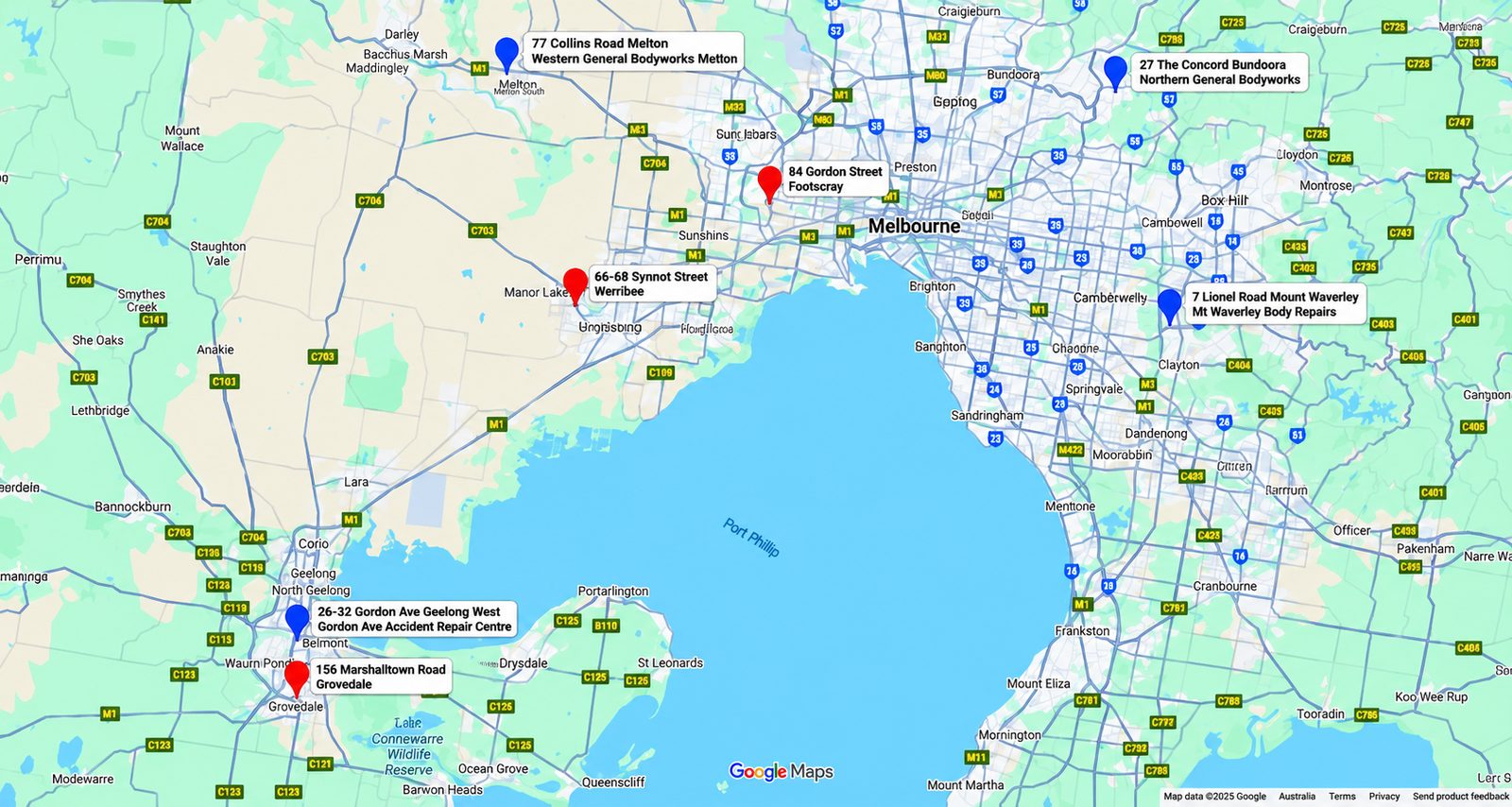 Map of WGBW towing depots across Melbourne and Geelong