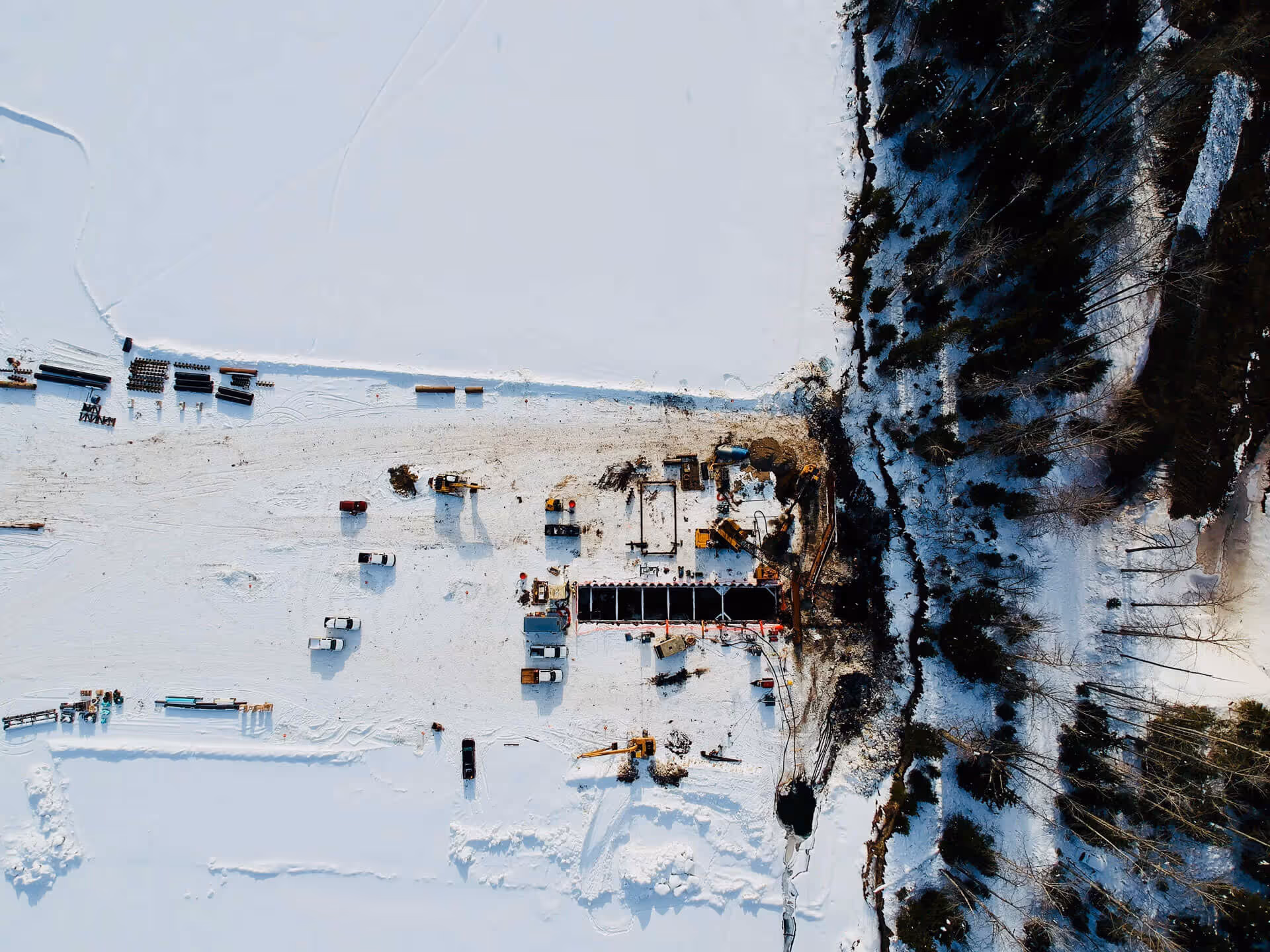 birds eye view snowy construction