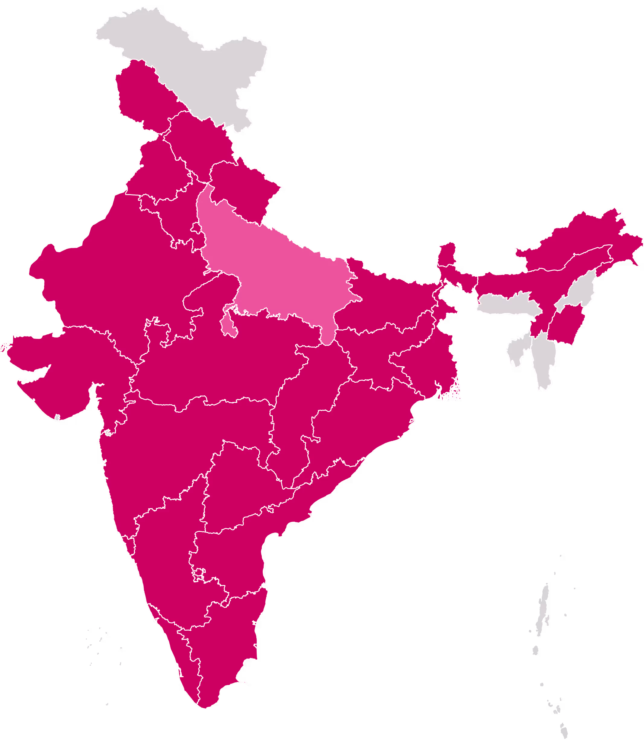 Map of India showing the states and union territories where Pinkishe Foundation works