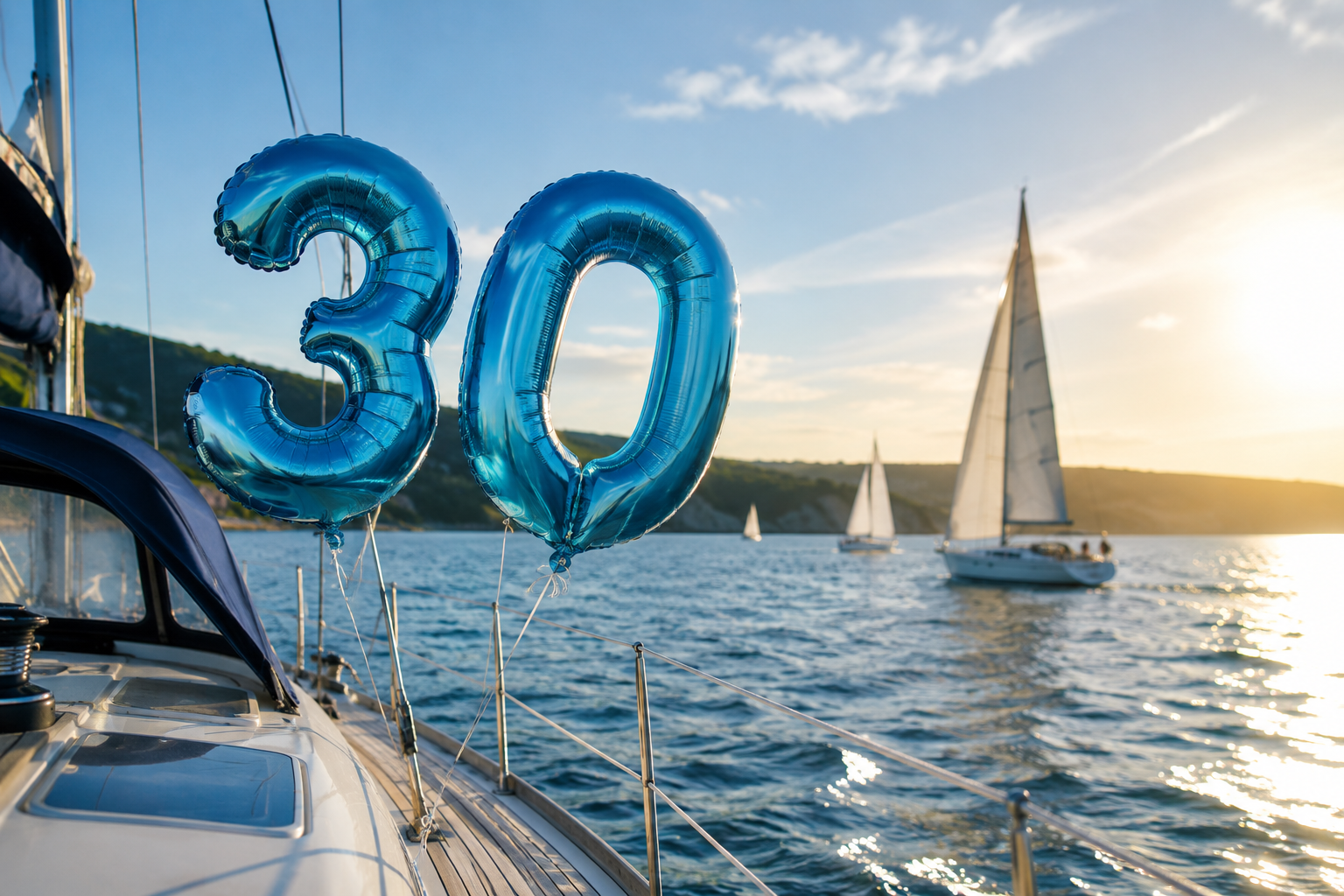 Luxury sailing yacht celebrating a 30th anniversary with metallic blue balloons on deck, sailing across calm coastal waters at sunset with other yachts in the background.