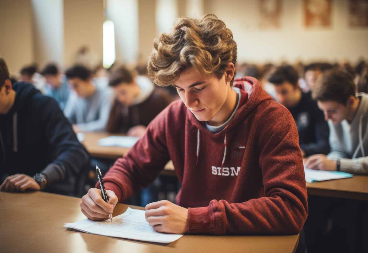Ein Jugendlicher schreibt eine Klassenarbeit