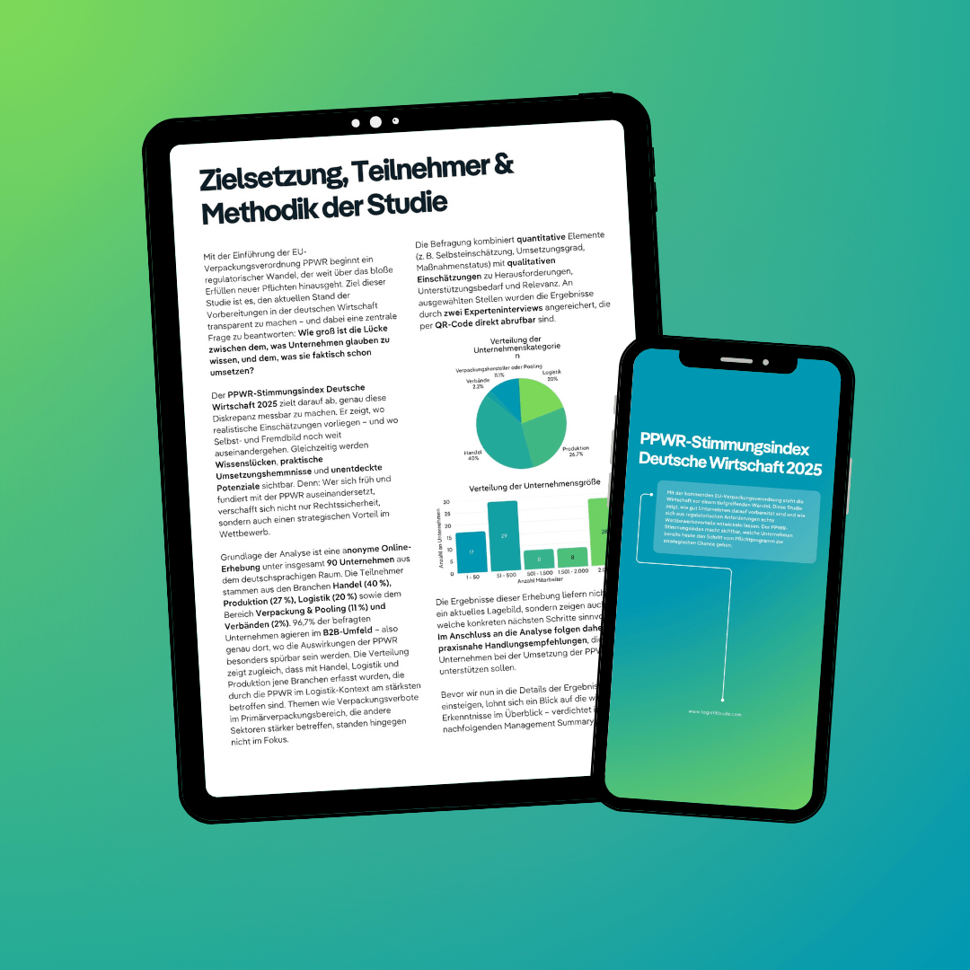 Mockup eines Tablets und Smartphones mit Inhalten der Studie ‚PPWR-Stimmungsindex Deutsche Wirtschaft 2025‘, dargestellt auf grün-blauem Farbverlauf-Hintergrund.