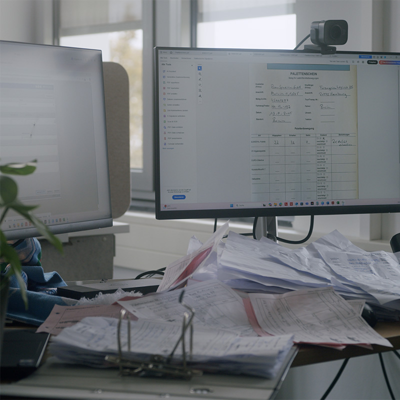 Unordentlicher Schreibtisch mit vielen losen Papieren und Dokumenten vor zwei Computerbildschirmen in einem Büro.