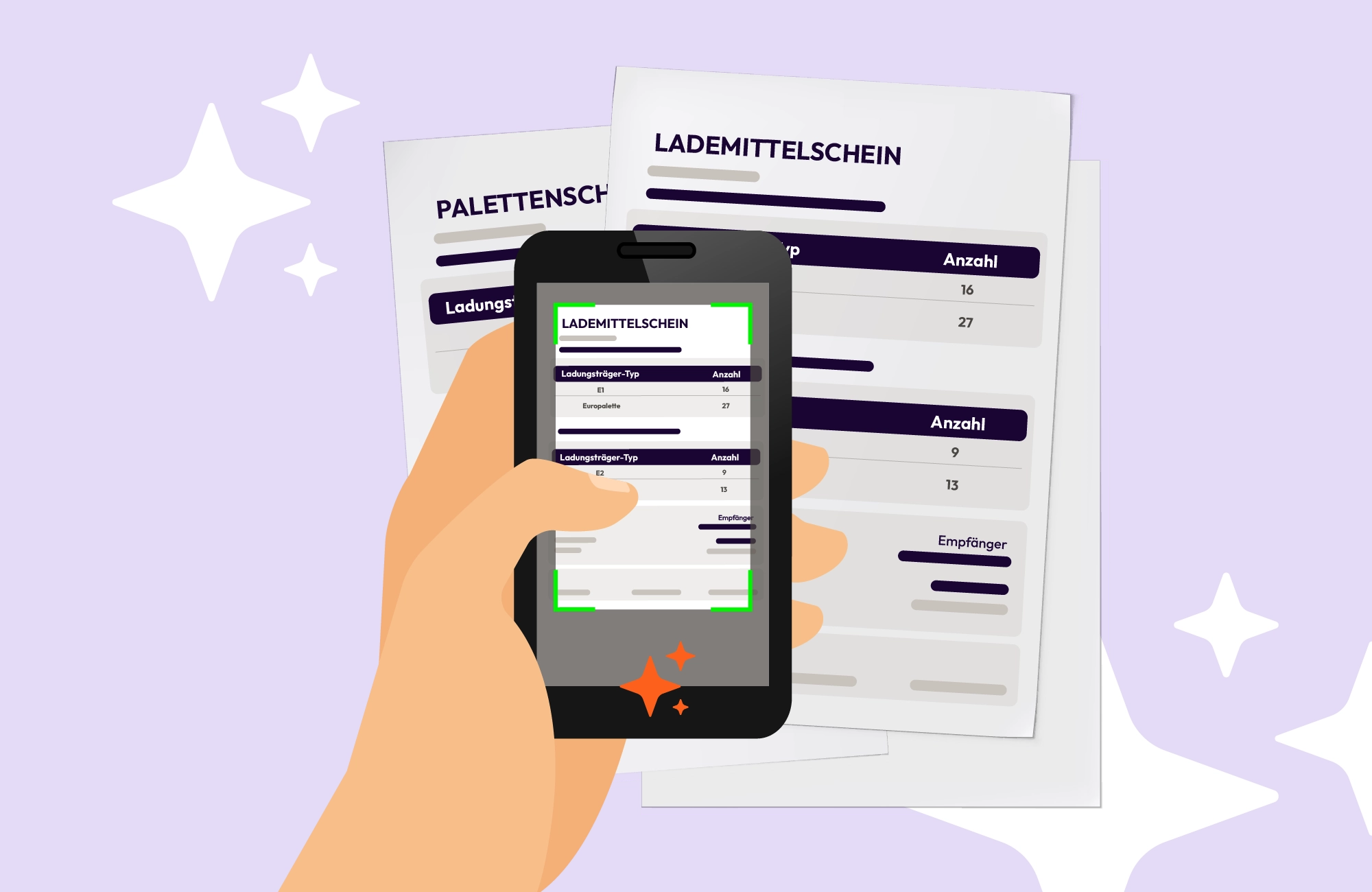 Smartphone scannt einen Lademittelschein mit Ladungsträger-Typen und Stückzahlen, dahinter liegen Papierbelege