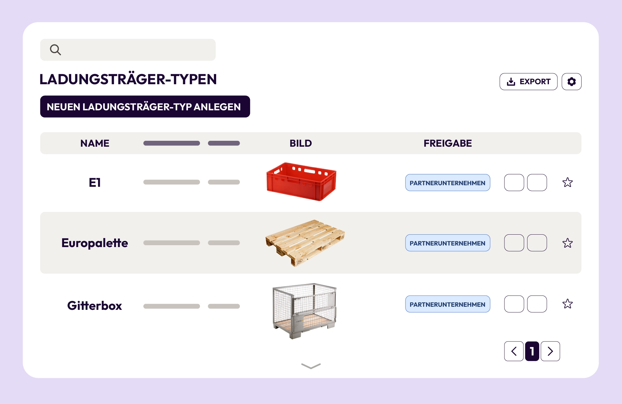 Übersicht der Ladungsträger-Typen in der Software mit E1-Kiste, Europalette und Gitterbox
