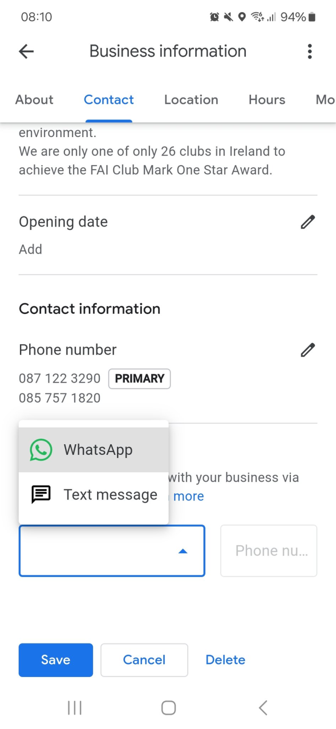 WhatsApp Contact in oogle Business Profile