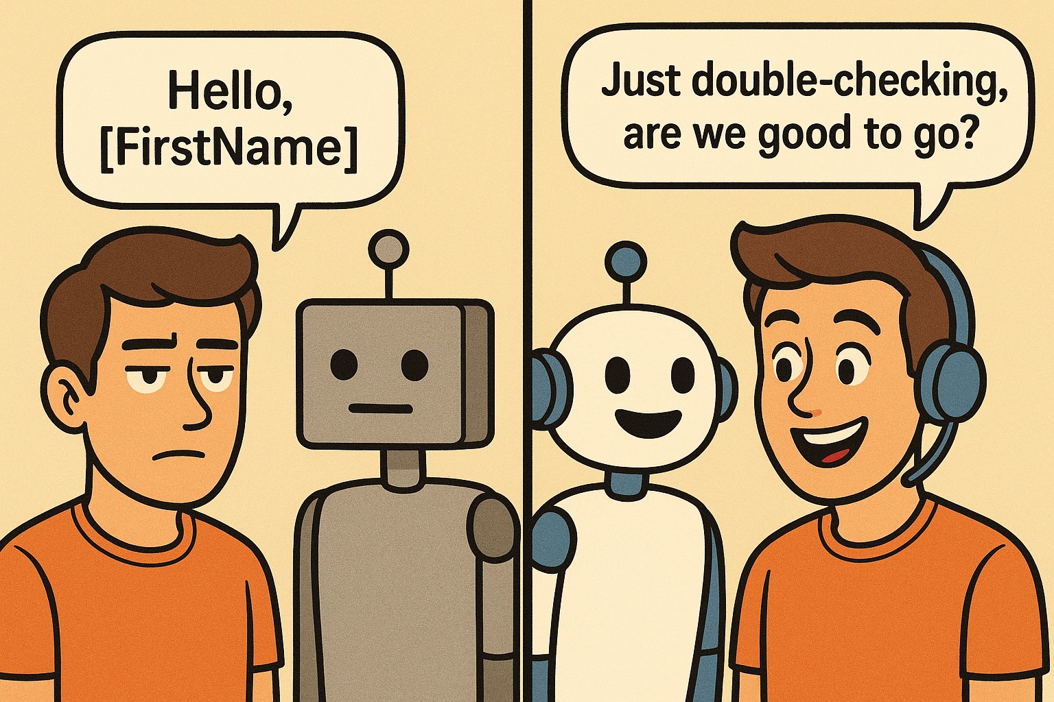 Side-by-side cartoon showing a robotic, emotionless chatbot using a placeholder name versus a friendly AI assistant using natural, human-like language