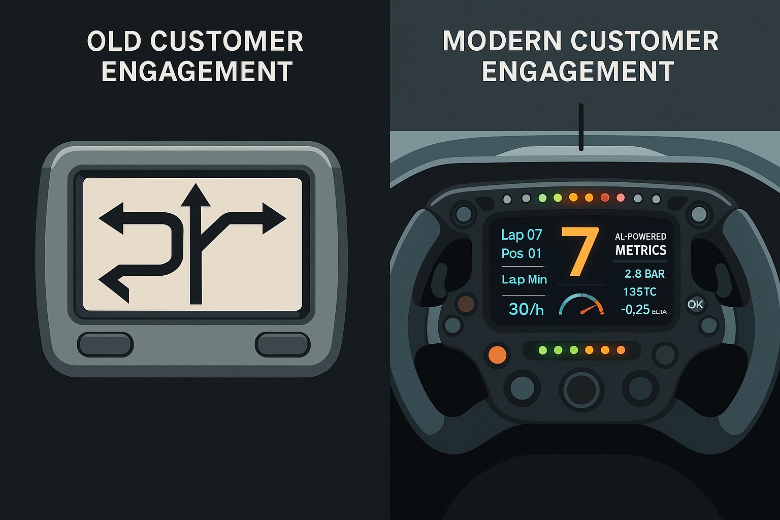 Illustration comparing old customer engagement to a basic GPS and modern engagement to a Formula 1 steering wheel dashboard with AI-powered data