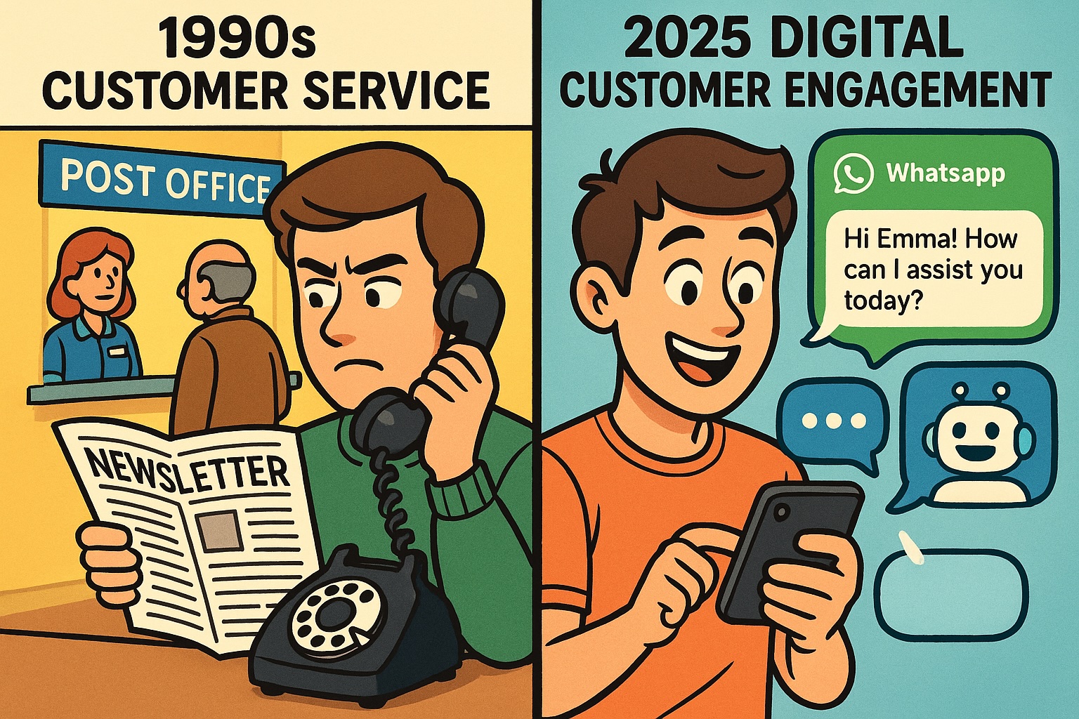 Cartoon comparison of 1990s customer service using phone and newsletters versus 2025 digital customer engagement through WhatsApp and AI chatbot