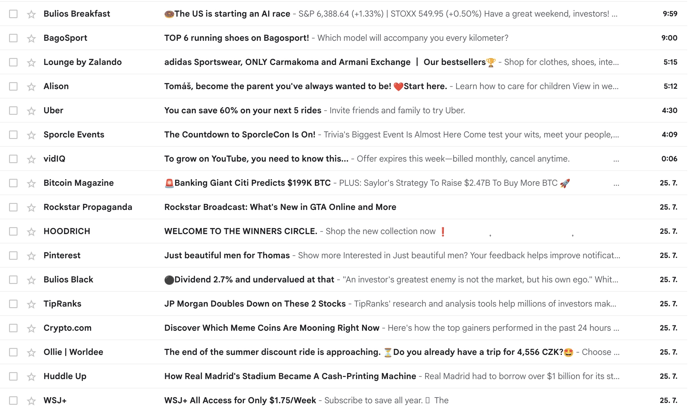 Screenshot of crowded email inbox