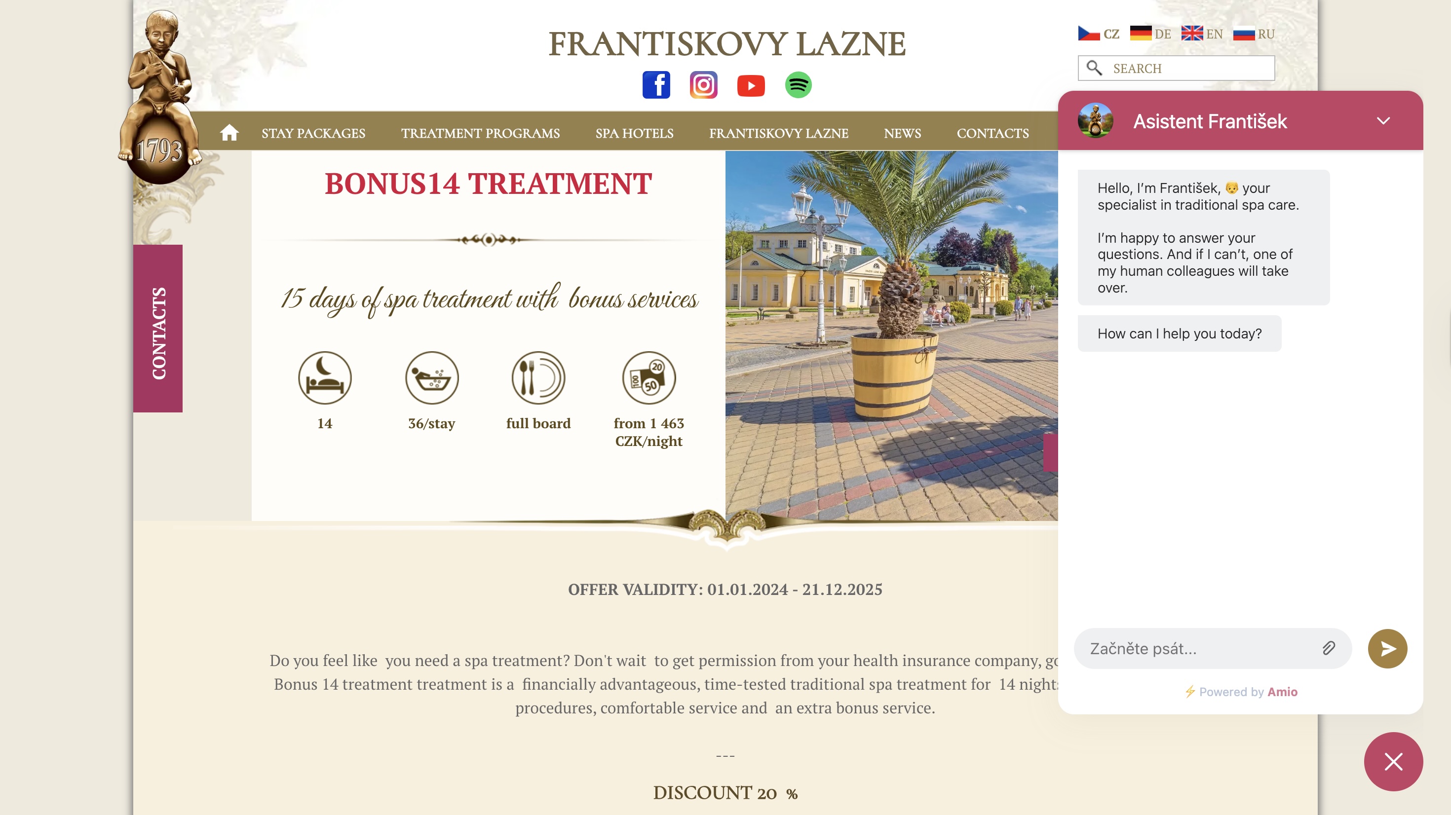  AI chatbot František providing traditional spa care support in English on Františkovy Lázně website