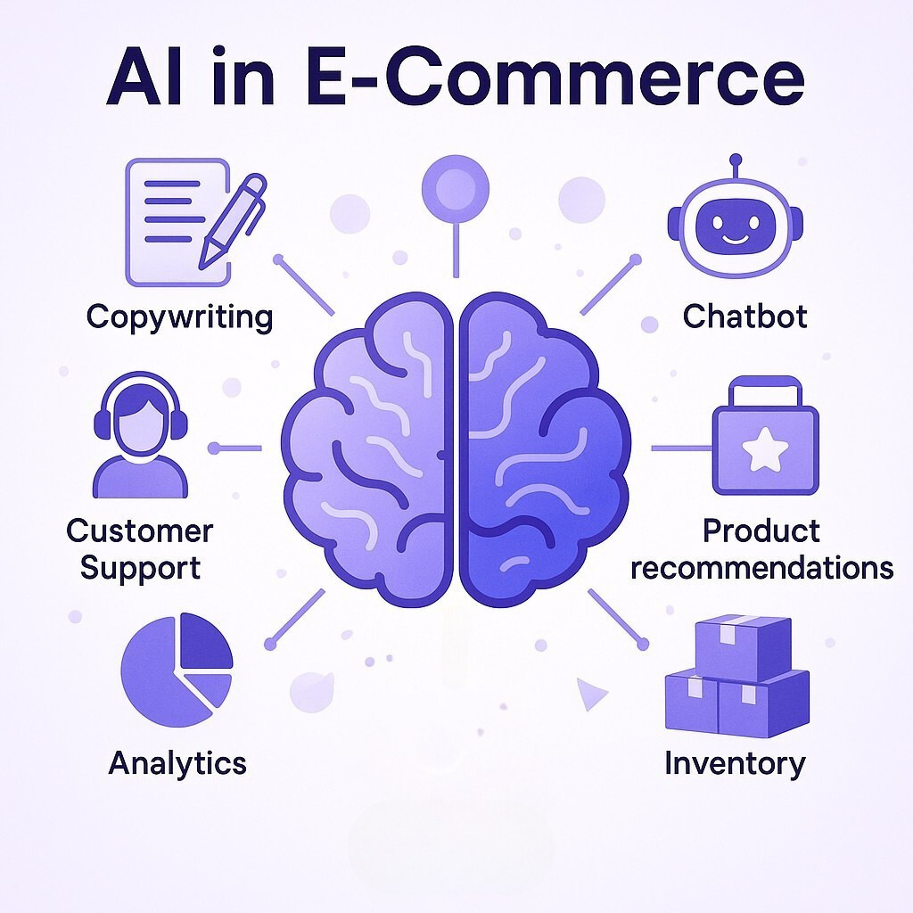 Infographic showing AI applications in e-commerce, including chatbots, analytics, copywriting, and inventory.