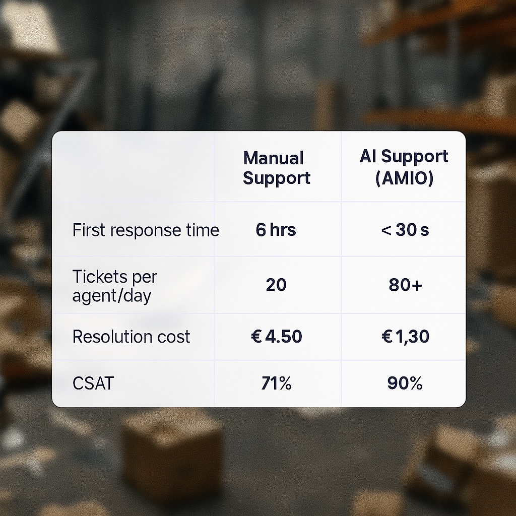 Comparison table showing key differences between manual customer support and AI support powered by AMIO in 2025, including response time, ticket volume, resolution cost, and CSAT.