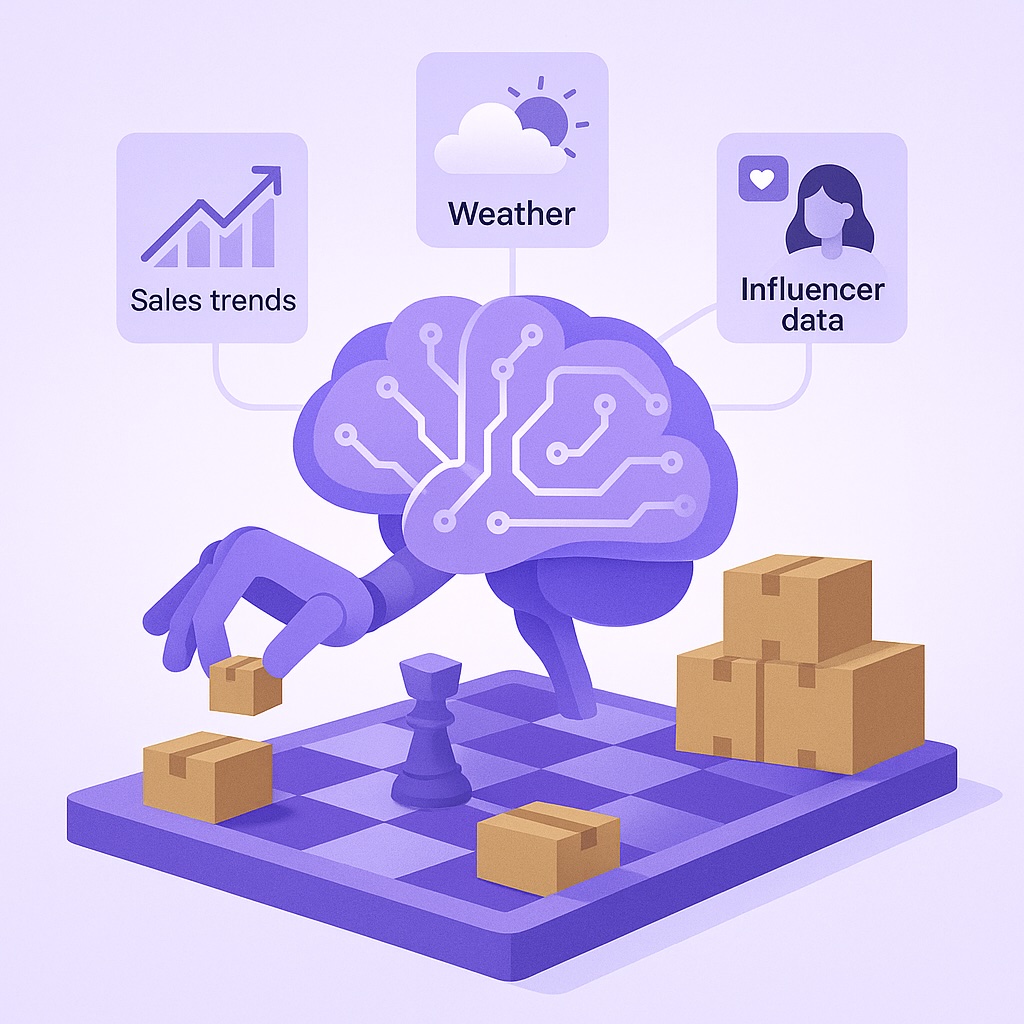AI brain managing inventory like a chess game, connected to weather, sales trends, and influencer data.