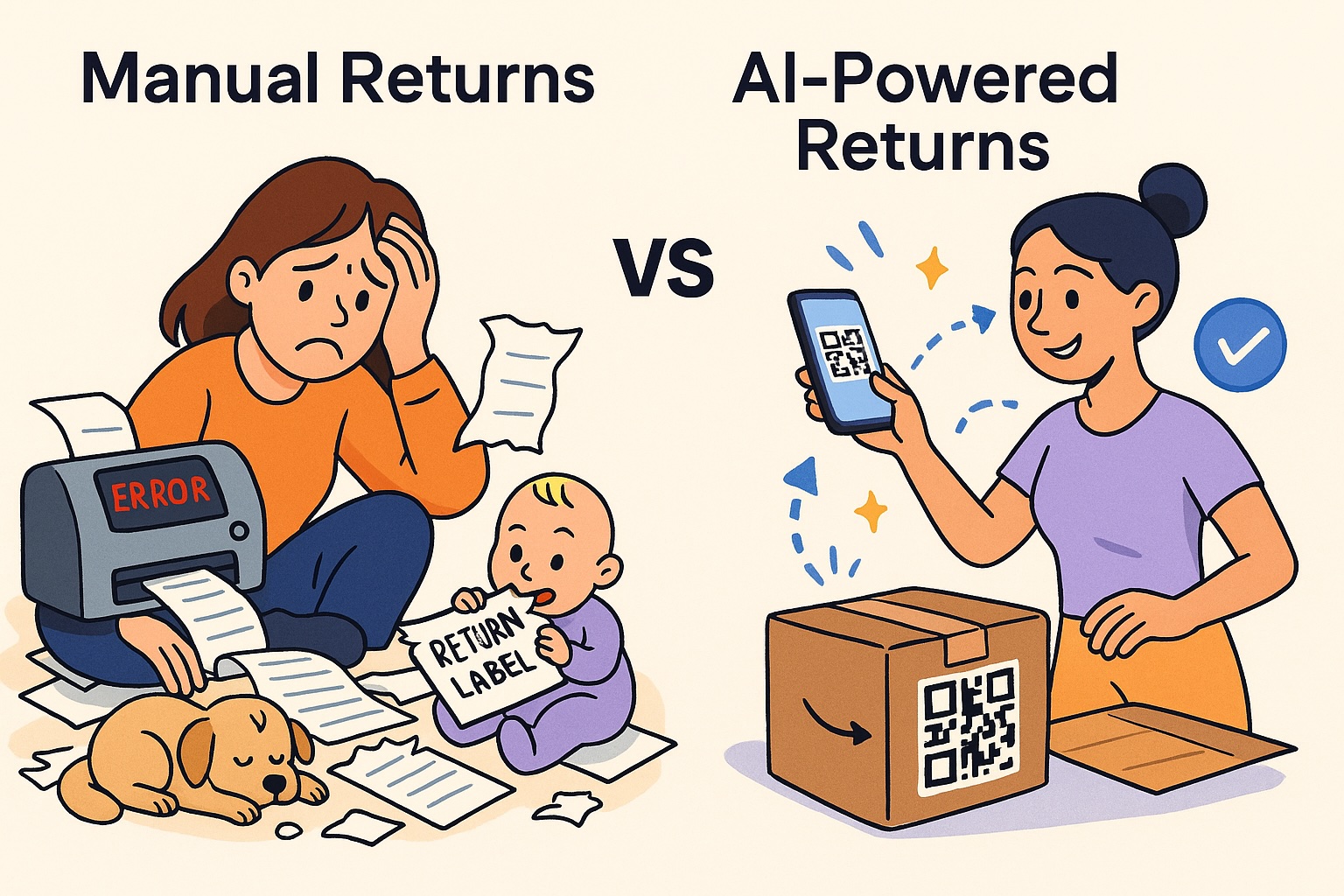 Illustration showing a chaotic manual return process vs. a seamless AI-powered return using a QR code.
