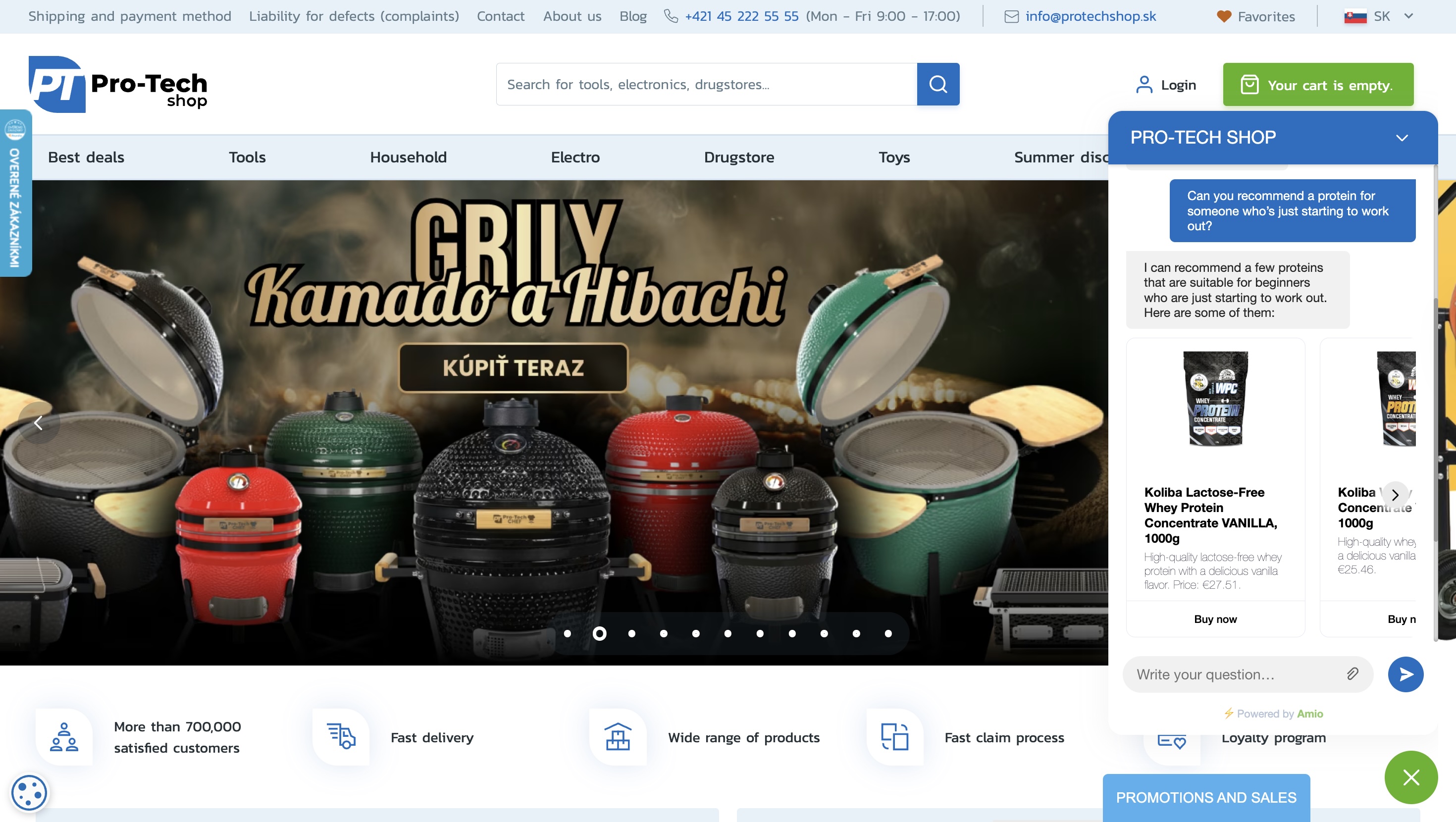 Screenshot of Pro-Tech e-shop chatbot recommending protein to a new fitness customer.